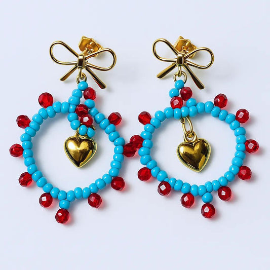 Red and Blue Handmade Seed Bead Heart Earrings