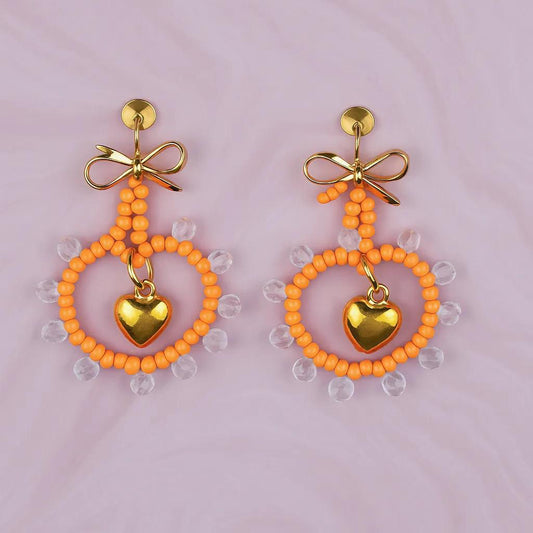 Orange Crystal Handmade Seed Bead Heart Earrings