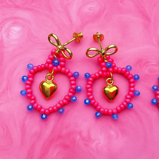 Pink Blue Handmade Seed Bead Heart Earrings