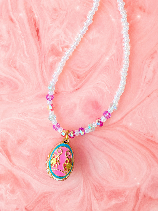Fabergé-Style Enamel Egg Necklace – One-of-a-Kind Beaded Gold Pendant Necklace