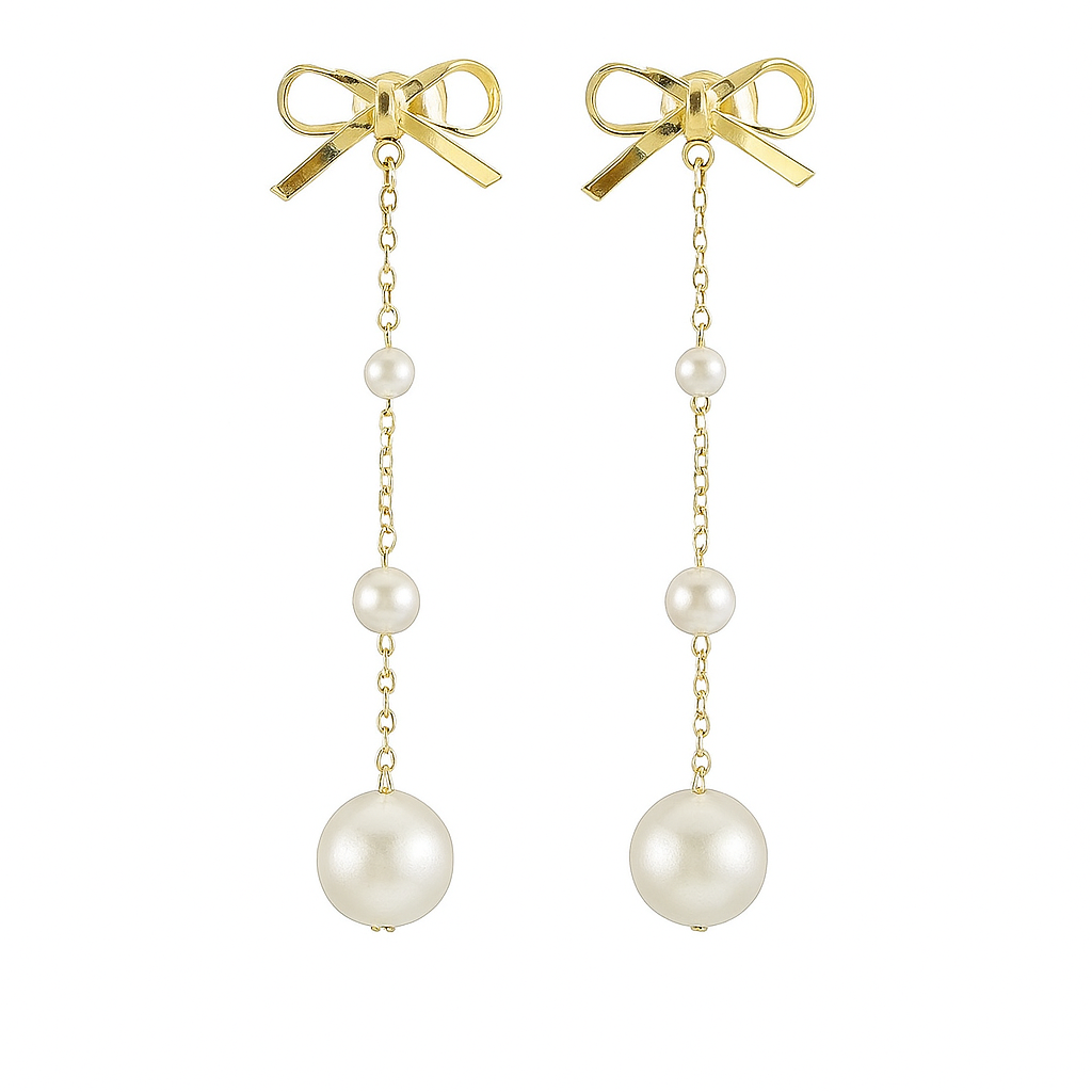 'Moon Drops' ~ Pearl Gold Bow Handmade Designer Earrings
