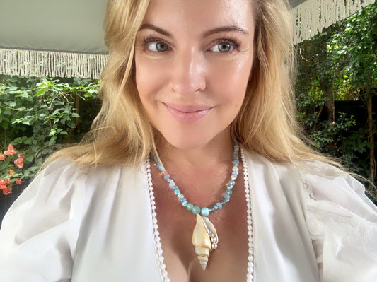 Ocean Relic Statement Necklace – Larimar & Chalcedony Seashell Necklace, One of a Kind