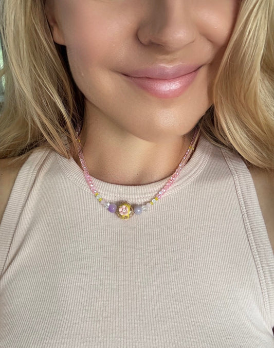 Tropical Locales Fantasy Necklace ~ Pink & Yellow Crystal Glow