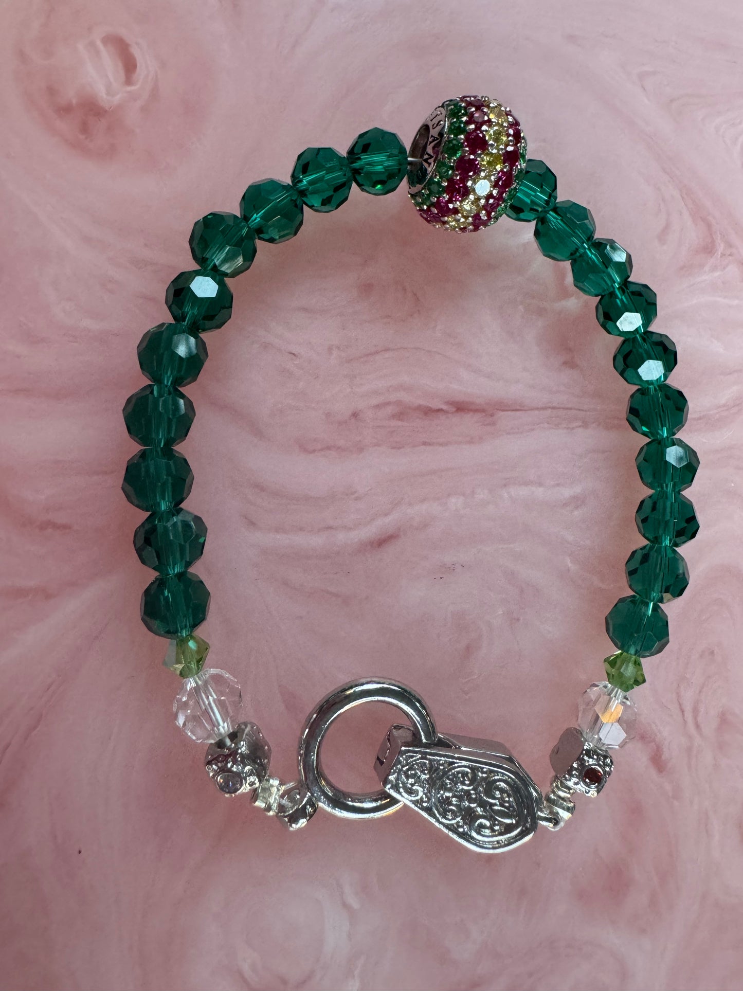 Emerald Green Crystal Bracelet w Rhodium Sterling Silver