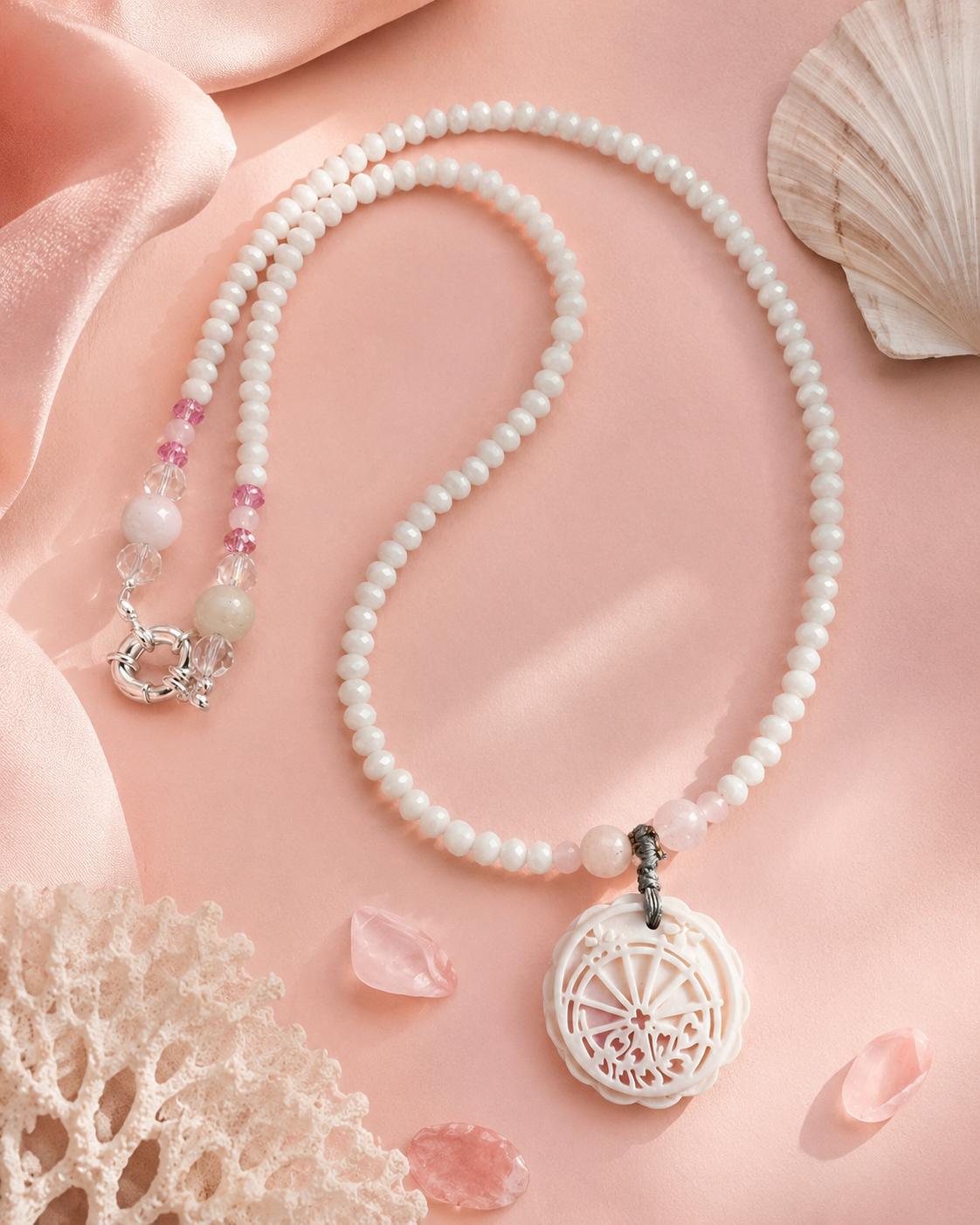 Hand Carved Pink Queen Conch Shell Necklace