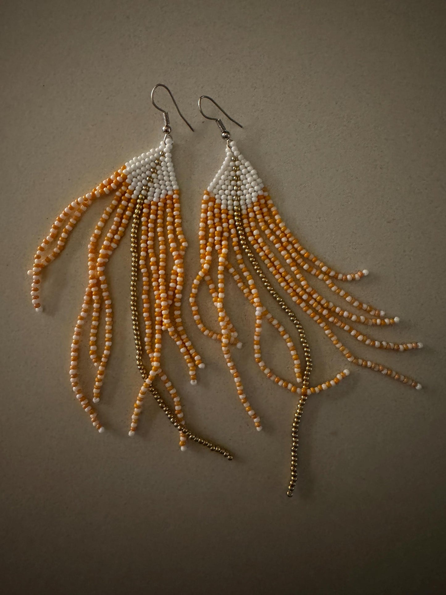 Orange White Handmade Chandelier Seed Bead Earrings