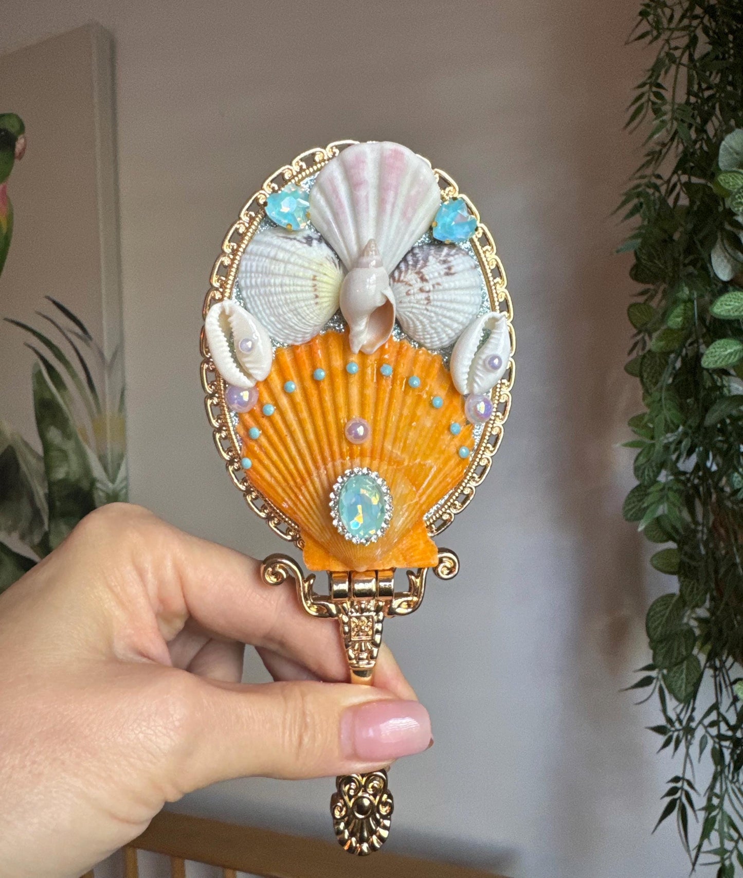 Shell Mirror, Handheld Mirror, Handmade Shell Mirror, Fancy Mirror, Wedding Gift, Birthday Present, Mothers Day Gift, Compact Mirror