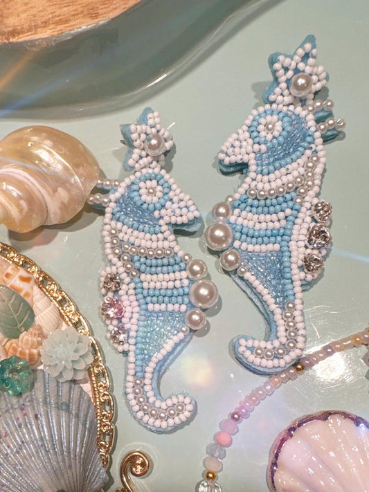 Handmade Blue Seahorse Pearl Seed Bead Earrings