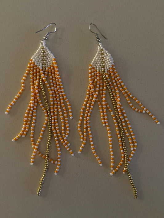 Orange White Handmade Chandelier Seed Bead Earrings