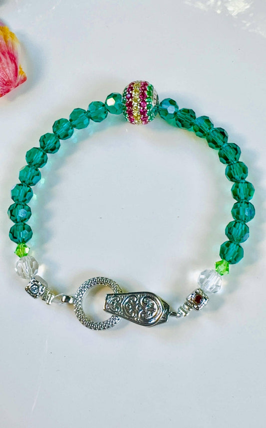 Emerald Green Crystal Bracelet feat Rondelle Rhodium Plated 925 Sterling Silver European Beads