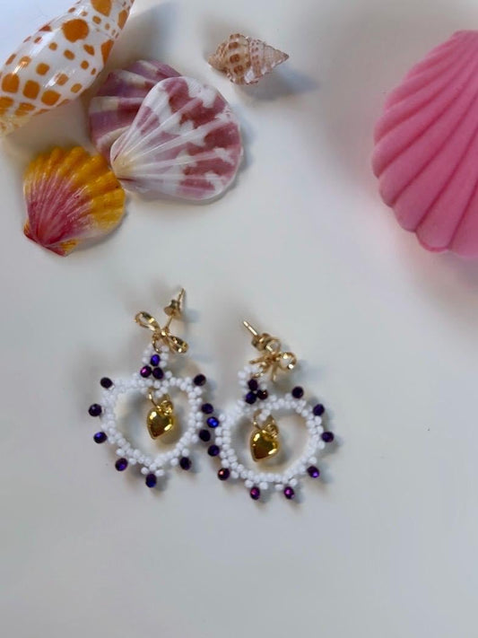 Royal Purple & White Handmade Seed Bead Heart Earrings