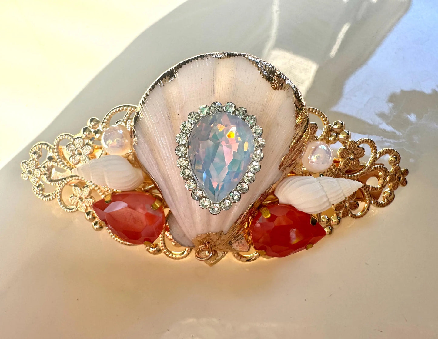Luminous Seashell Hair Clip, 14K Gold Mermaid Wedding Hair Accessory
