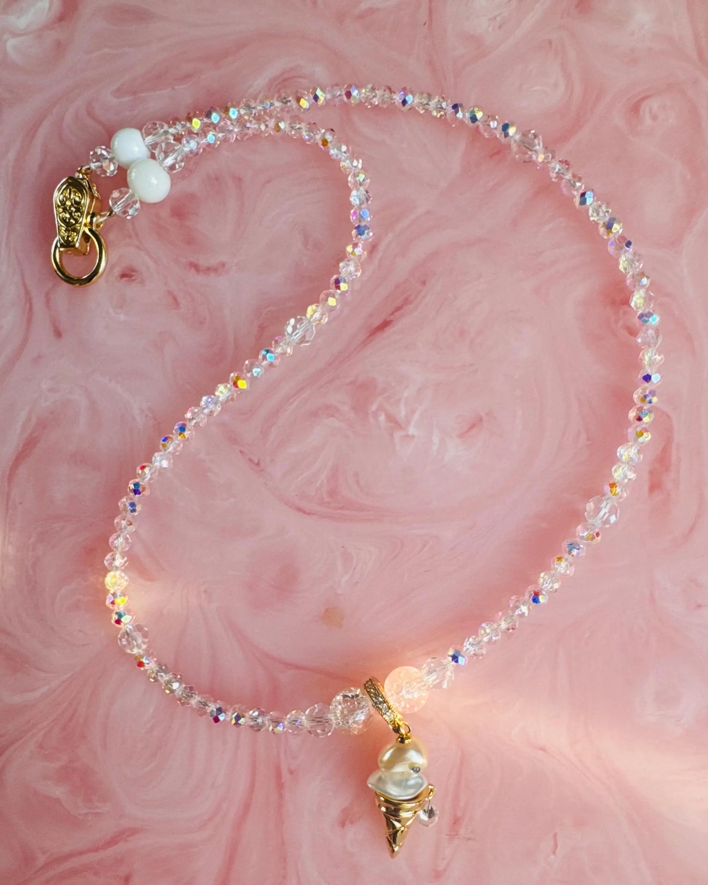 Ice Cream Dream Necklace | Pastel Pearl Ice Cream Pendant, Czech Crystal Beaded Necklace