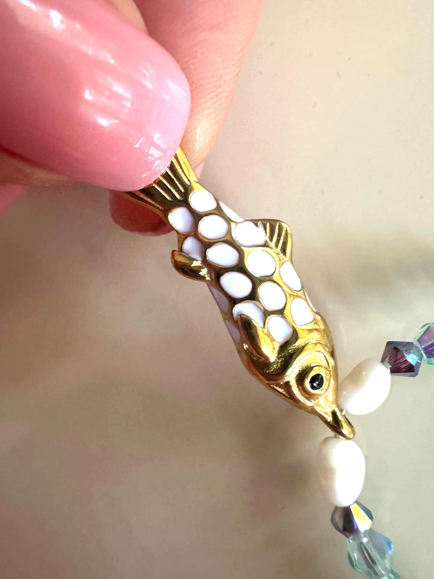 Blue-Green Crystal Necklace with Gold Fish Pendant