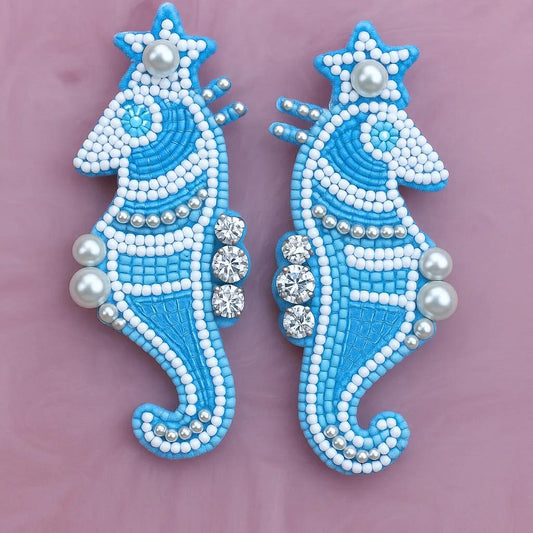 Handmade Blue Seahorse Pearl Seed Bead Earrings