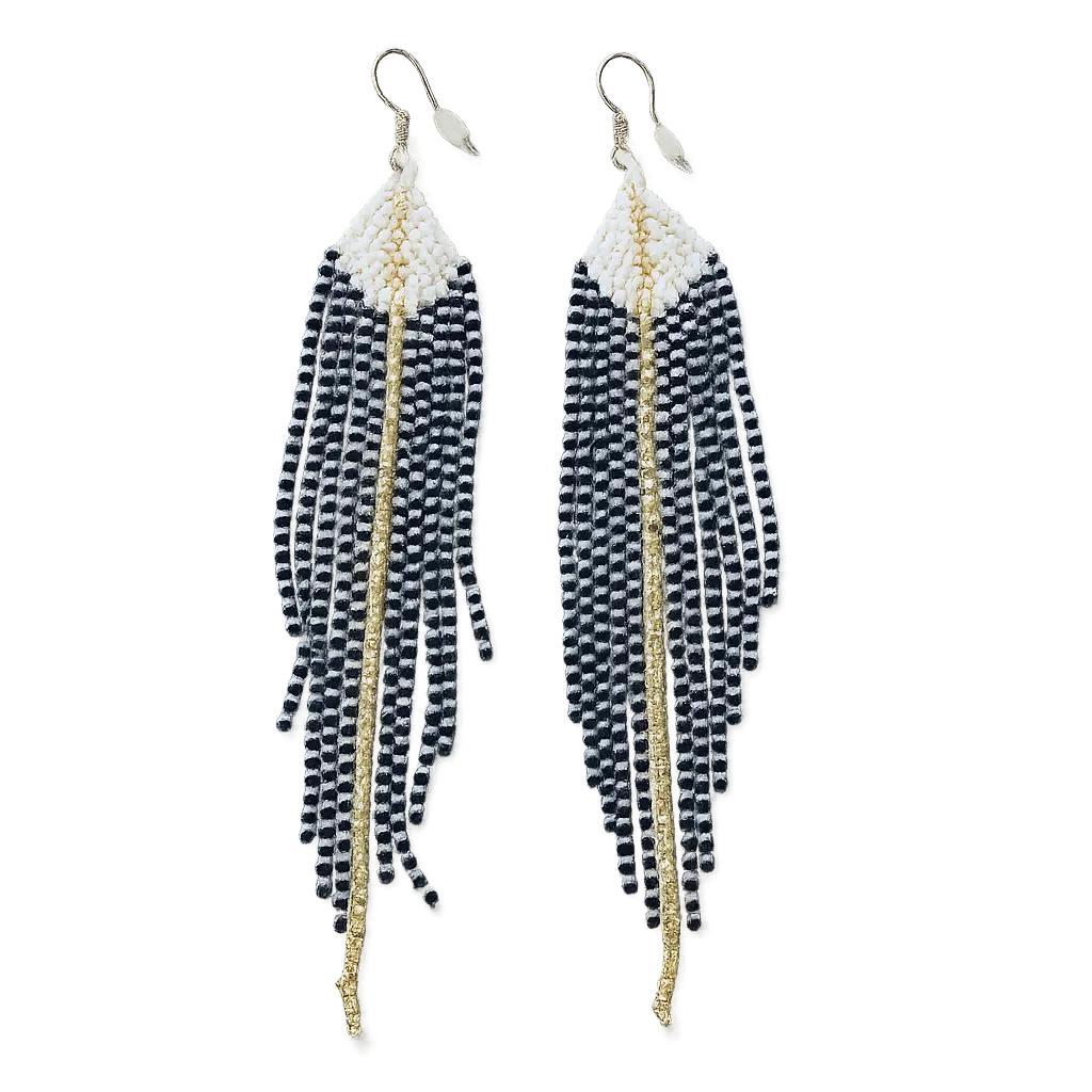 Black White Sea Urchin Handmade Chandelier Seed Bead Earrings