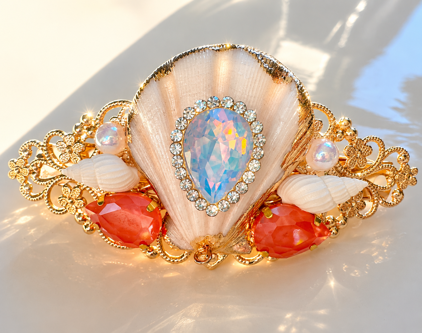 Luminous Seashell Hair Clip, 14K Gold Mermaid Wedding Hair Accessory