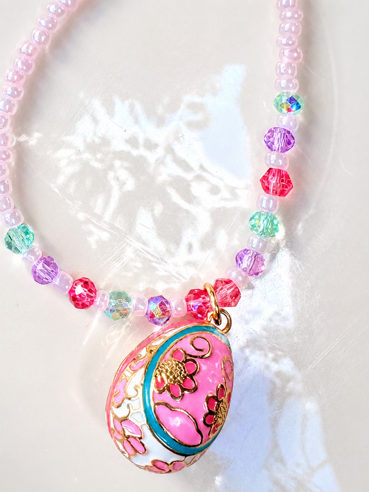 Fabergé-Style Enamel Egg Necklace – One-of-a-Kind Beaded Gold Pendant Necklace