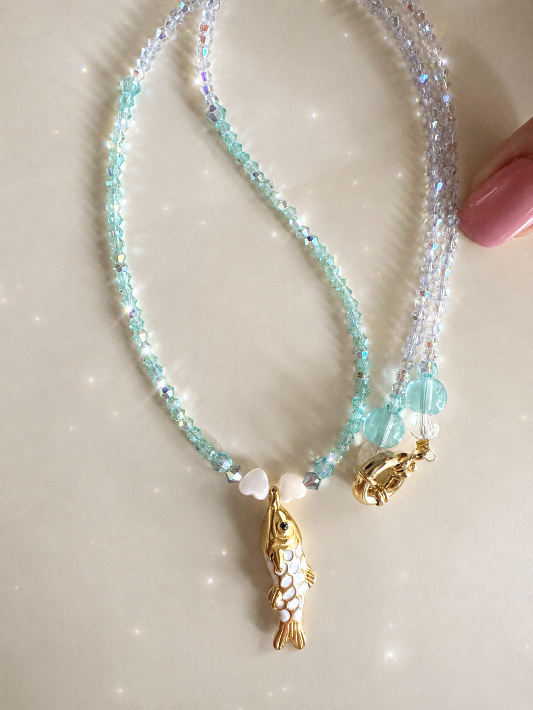 Blue-Green Crystal Necklace with Gold Fish Pendant