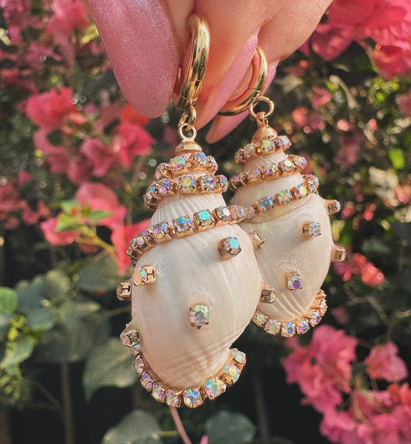 Iridescent Seashell Radiance Rhinestone Seashell Earrings ~ 24k Gold Plated Hoops