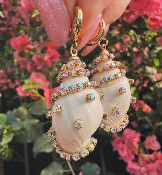 Iridescent Seashell Radiance Rhinestone Seashell Earrings ~ 24k Gold Plated Hoops