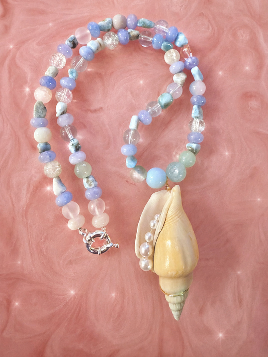 Ocean Relic Statement Necklace – Larimar & Chalcedony Seashell Necklace, One of a Kind