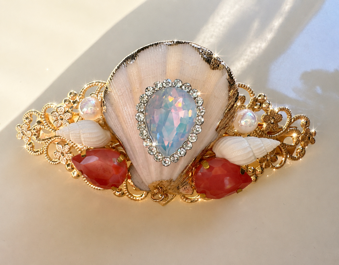 Luminous Seashell Hair Clip, 14K Gold Mermaid Wedding Hair Accessory
