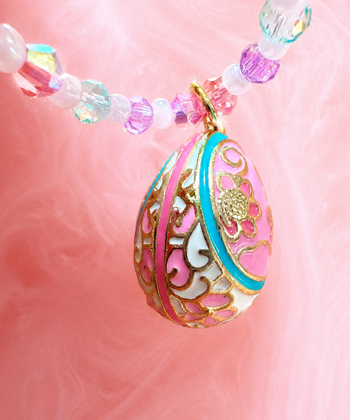 Fabergé-Style Enamel Egg Necklace – One-of-a-Kind Beaded Gold Pendant Necklace