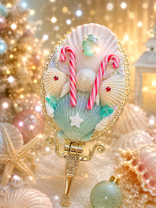 'Candy Cane Shores' - Gilt Gold Seashell Mirror 🎄✨