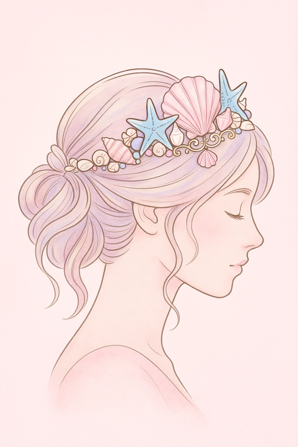 Illustration of a mermaid with shell and starfish crown on a pink background