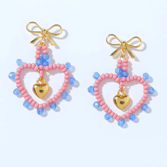 Pink Blue Handmade Seed Bead Heart Earrings