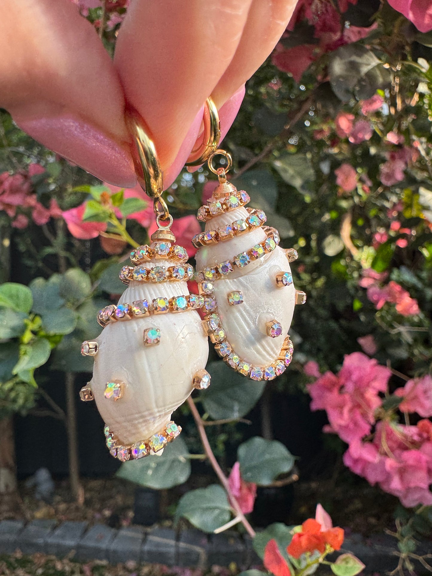 Iridescent Seashell Radiance Rhinestone Seashell Earrings ~ 24k Gold Plated Hoops