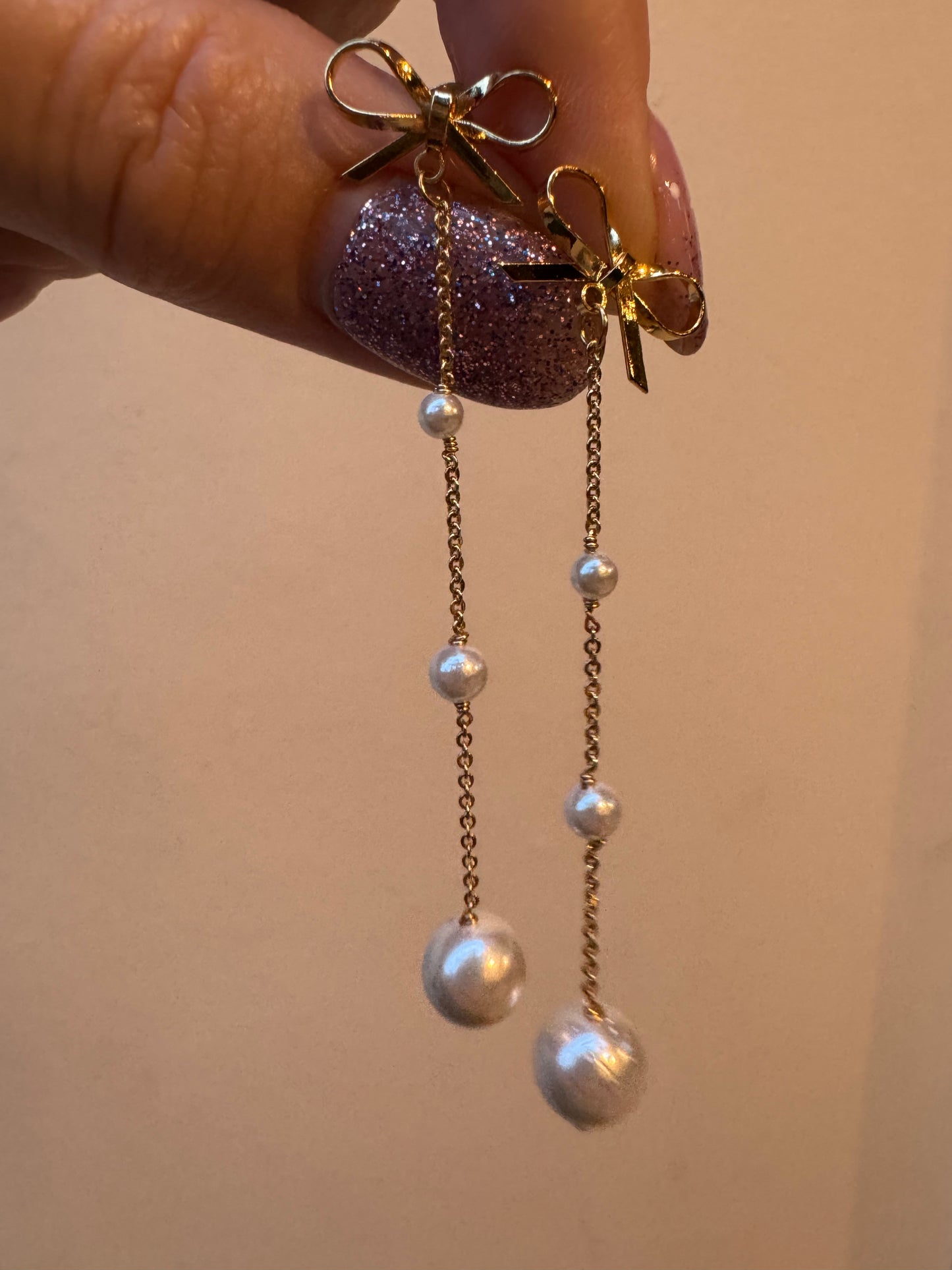 パール＆リボンゴールドハンドメイドイヤリング