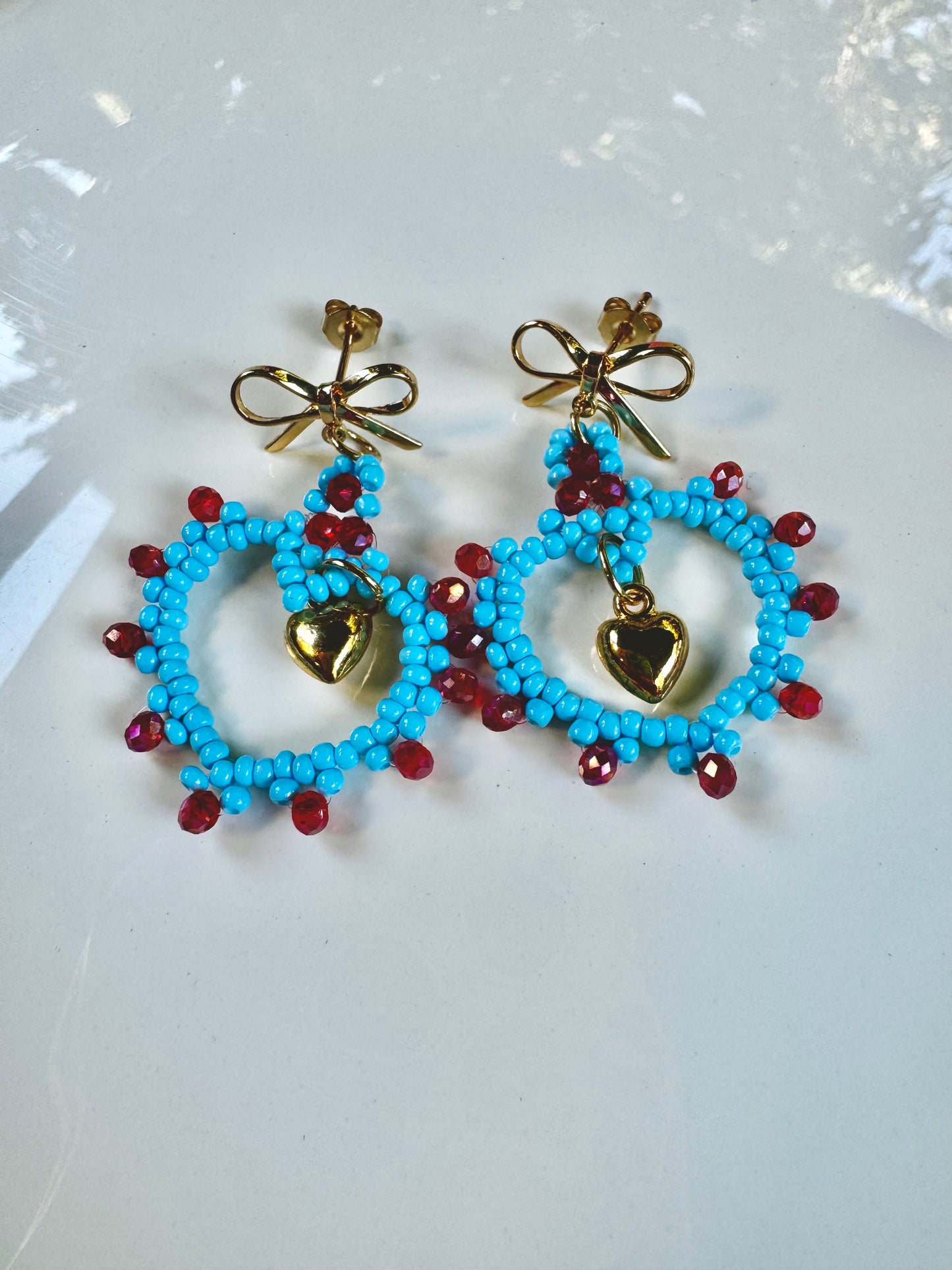 Red and Blue Handmade Seed Bead Heart Earrings