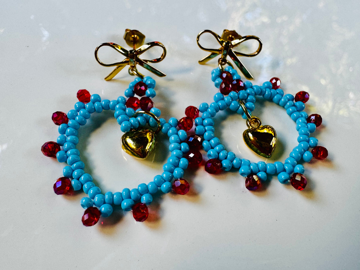 Red and Blue Handmade Seed Bead Heart Earrings