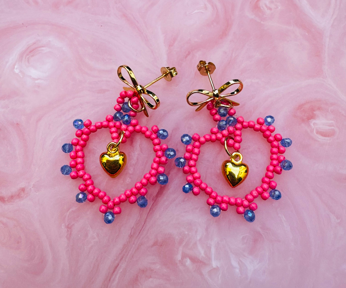 Pink Blue Handmade Seed Bead Heart Earrings