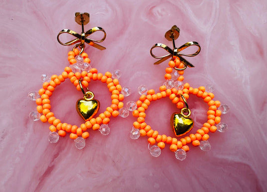 Orange Crystal Handmade Seed Bead Heart Earrings