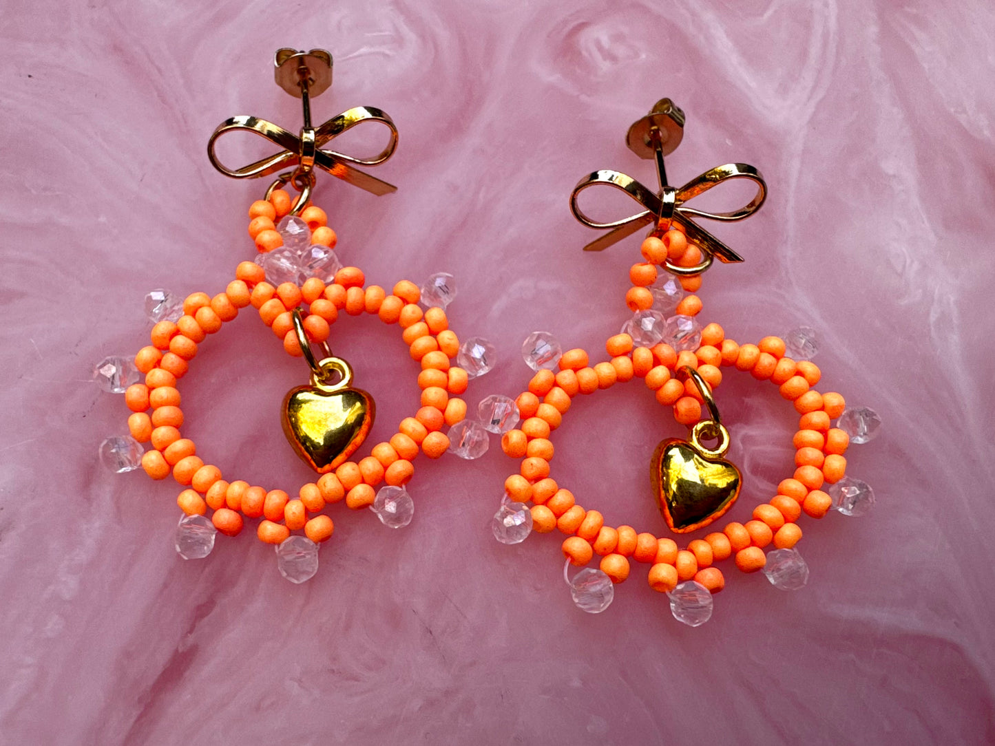 Orange Crystal Handmade Seed Bead Heart Earrings