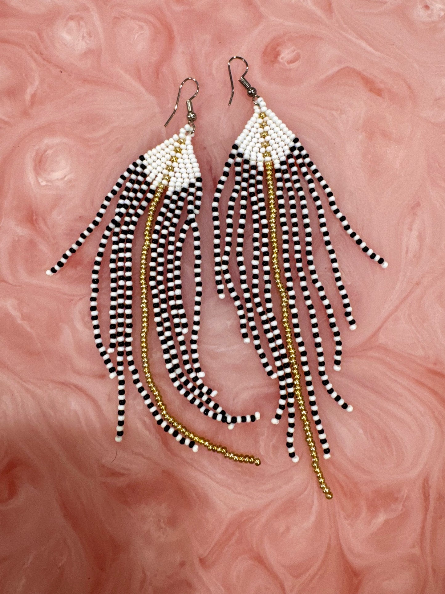 Black White Sea Urchin Handmade Chandelier Seed Bead Earrings