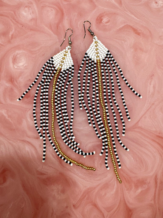 Black White Sea Urchin Handmade Chandelier Seed Bead Earrings