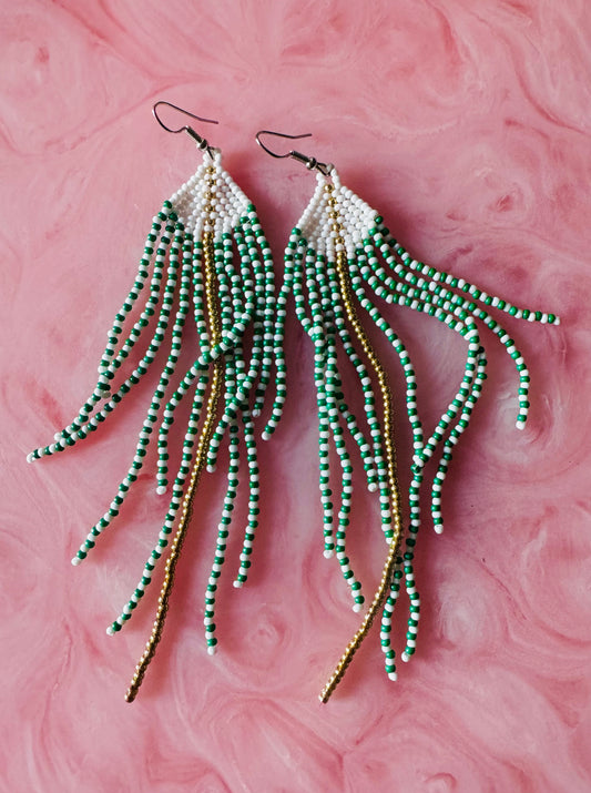 Green White Sea Urchin Handmade Chandelier Seed Bead Earrings