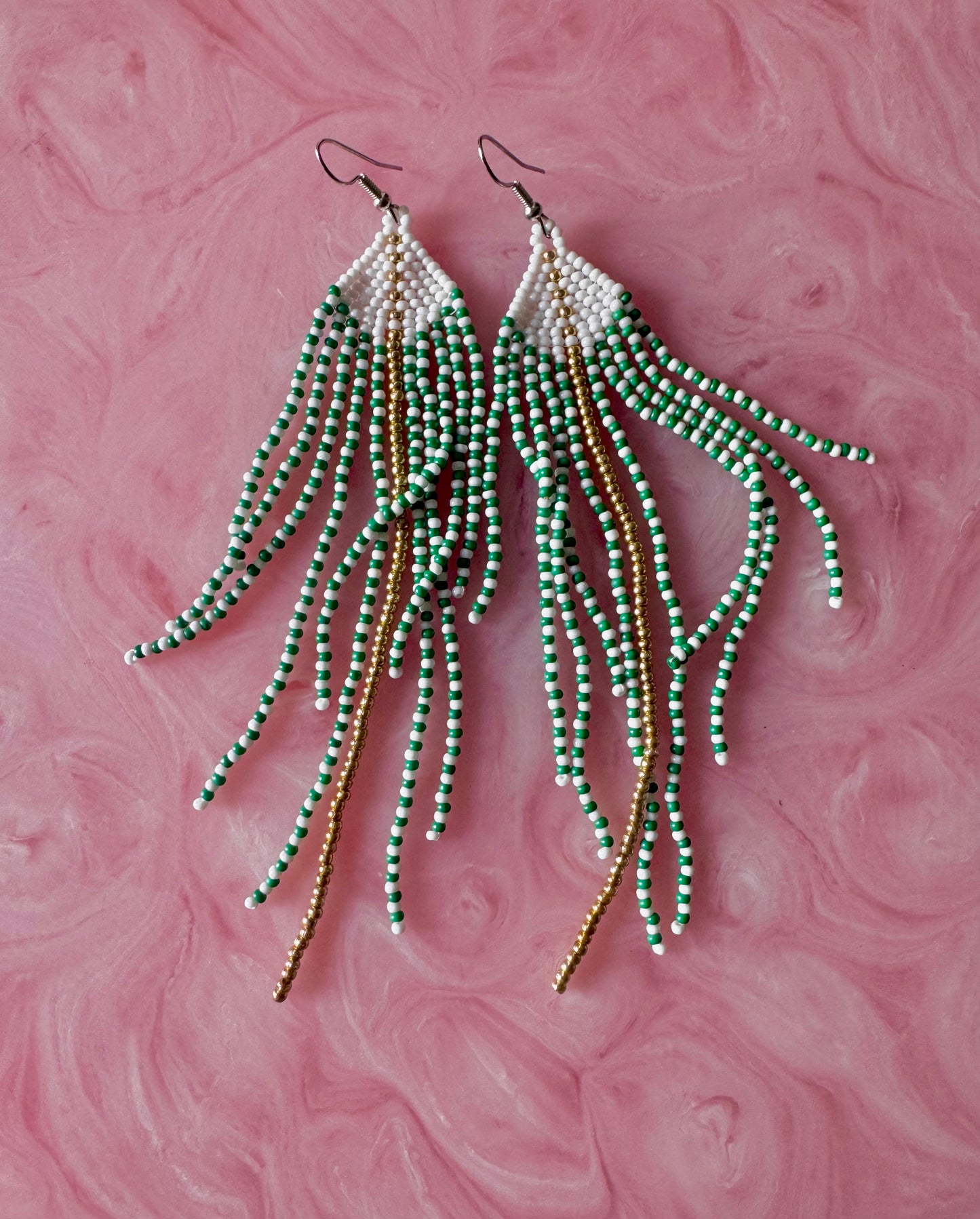 Green White Sea Urchin Handmade Chandelier Seed Bead Earrings