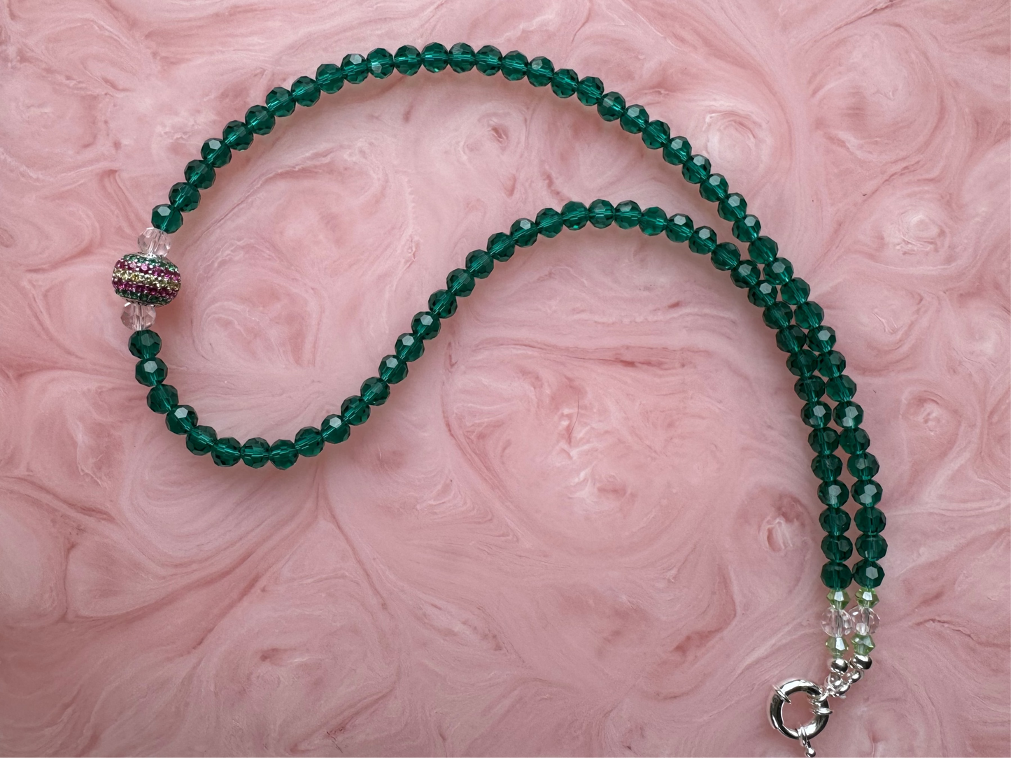 Emerald Green Crystal Necklace w Rhodium Sterling Silver