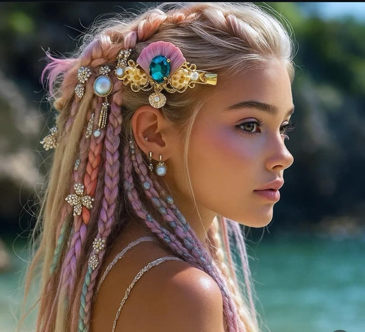 Woman with braided hair adorned with decorative hairpins against a blurred natural background