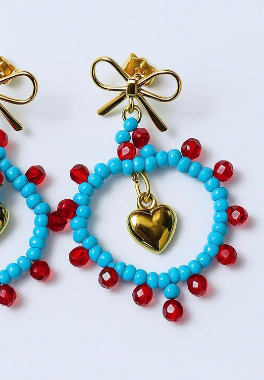Red and Blue Handmade Seed Bead Heart Earrings