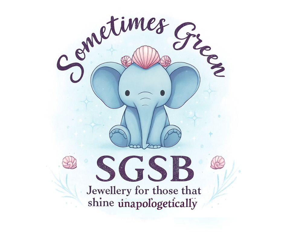 Logo with a cartoon elephant, flowers, and text 'Sometimes Green SGSB' on a light blue background.