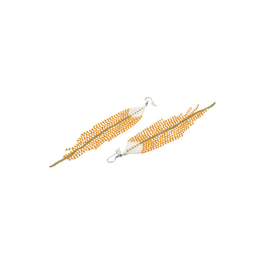 Pair of long beaded earrings on a white background