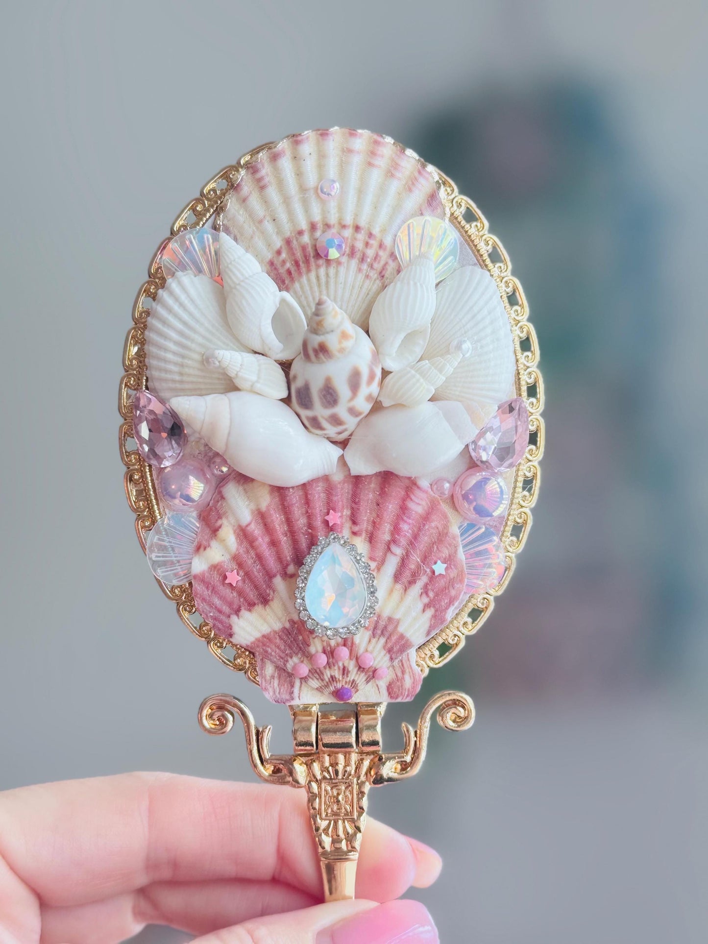 Natural Handmade Crystal Seashell Mirror, Mothers Day, Wedding Mirror, Bridesmaid, Birthday, custom gift.