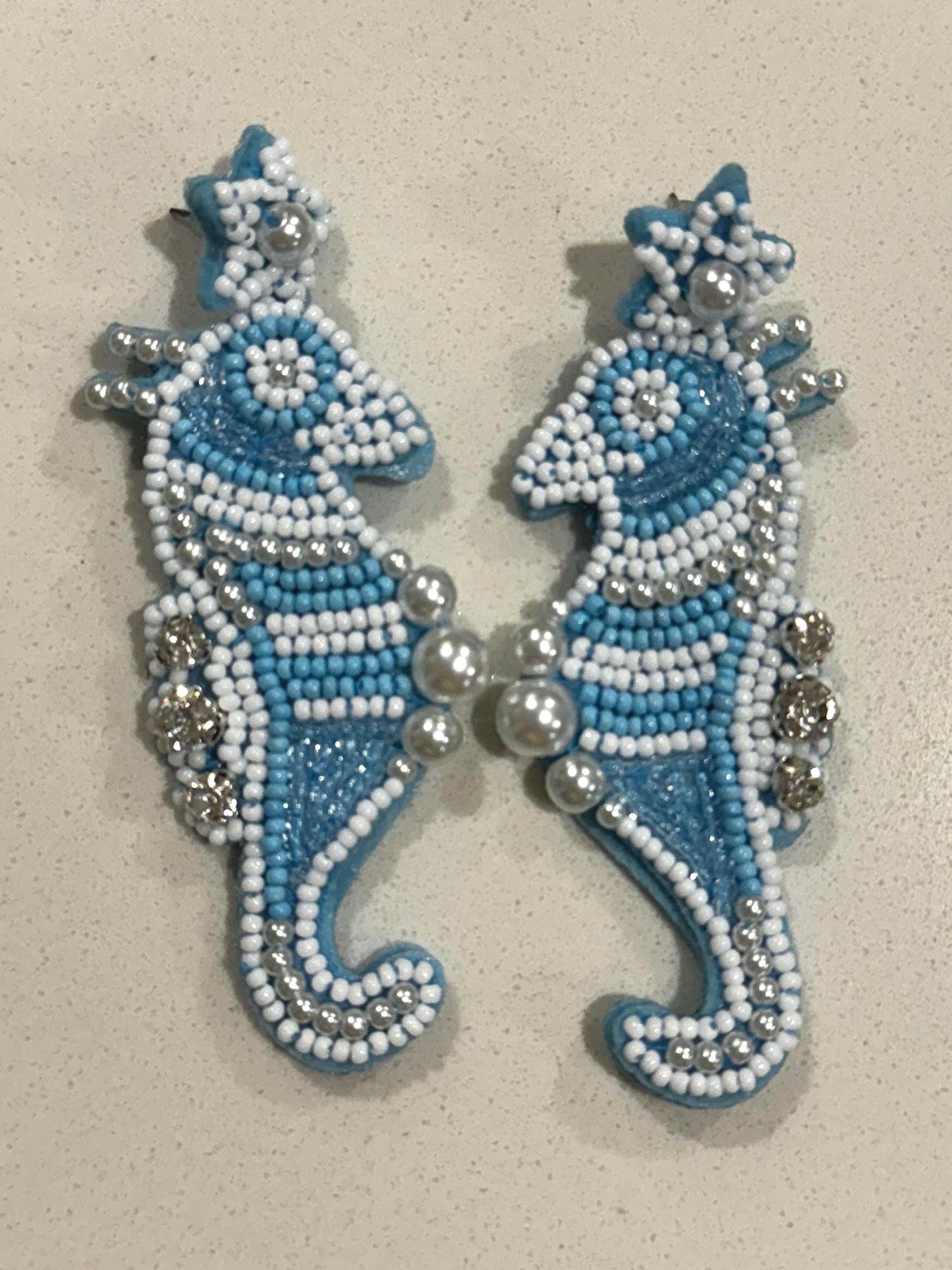 Handmade Blue Seahorse Pearl Seed Bead Earrings