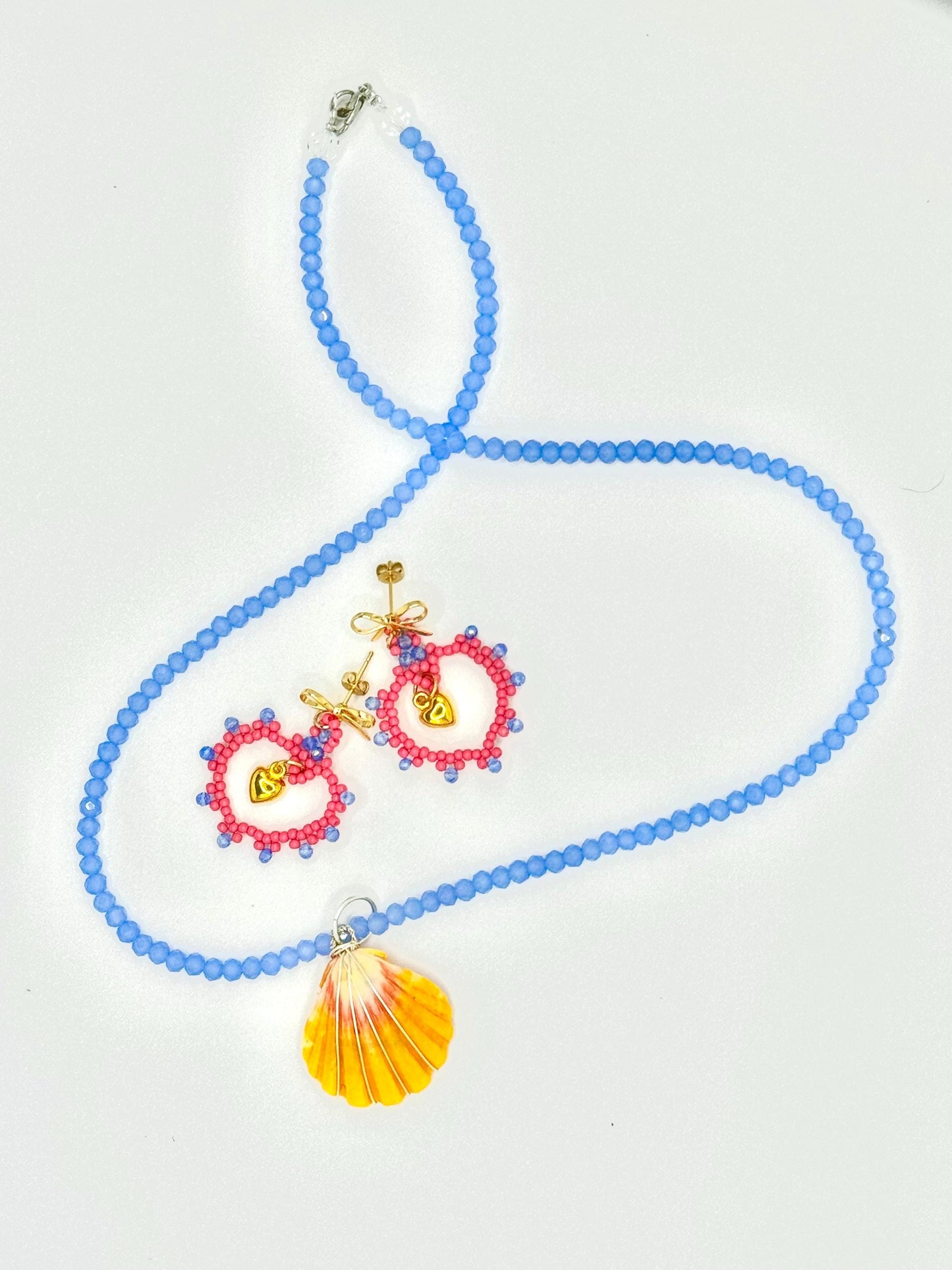 Pink Blue Handmade Seed Bead Heart Earrings